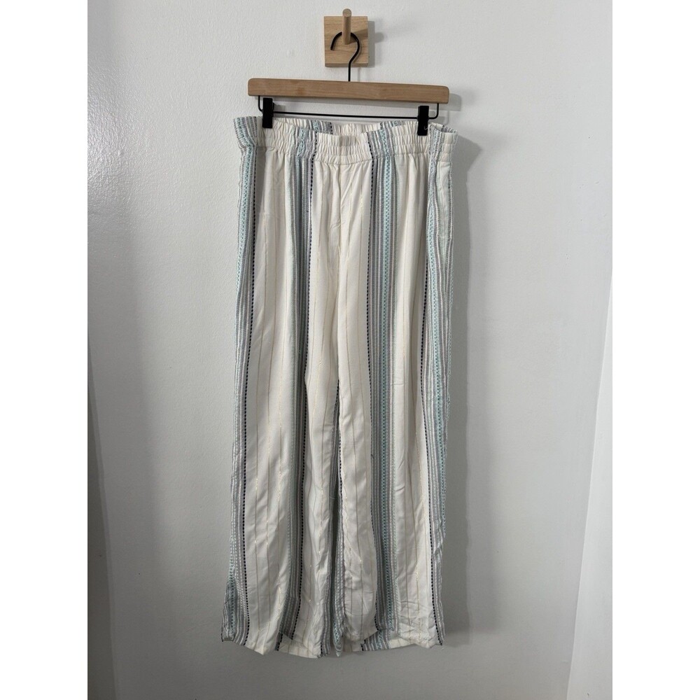 Krazy Kat Pants  Womens Sze Med Ivory Blue Metallic Striped Wide Leg Pull On